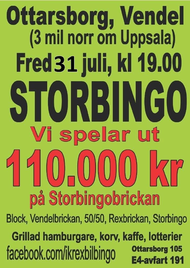 Storbingo i Ottarsborg, Vendel den 31 juli kl. 19.00 – 110 000 kr på Storbingobrickan